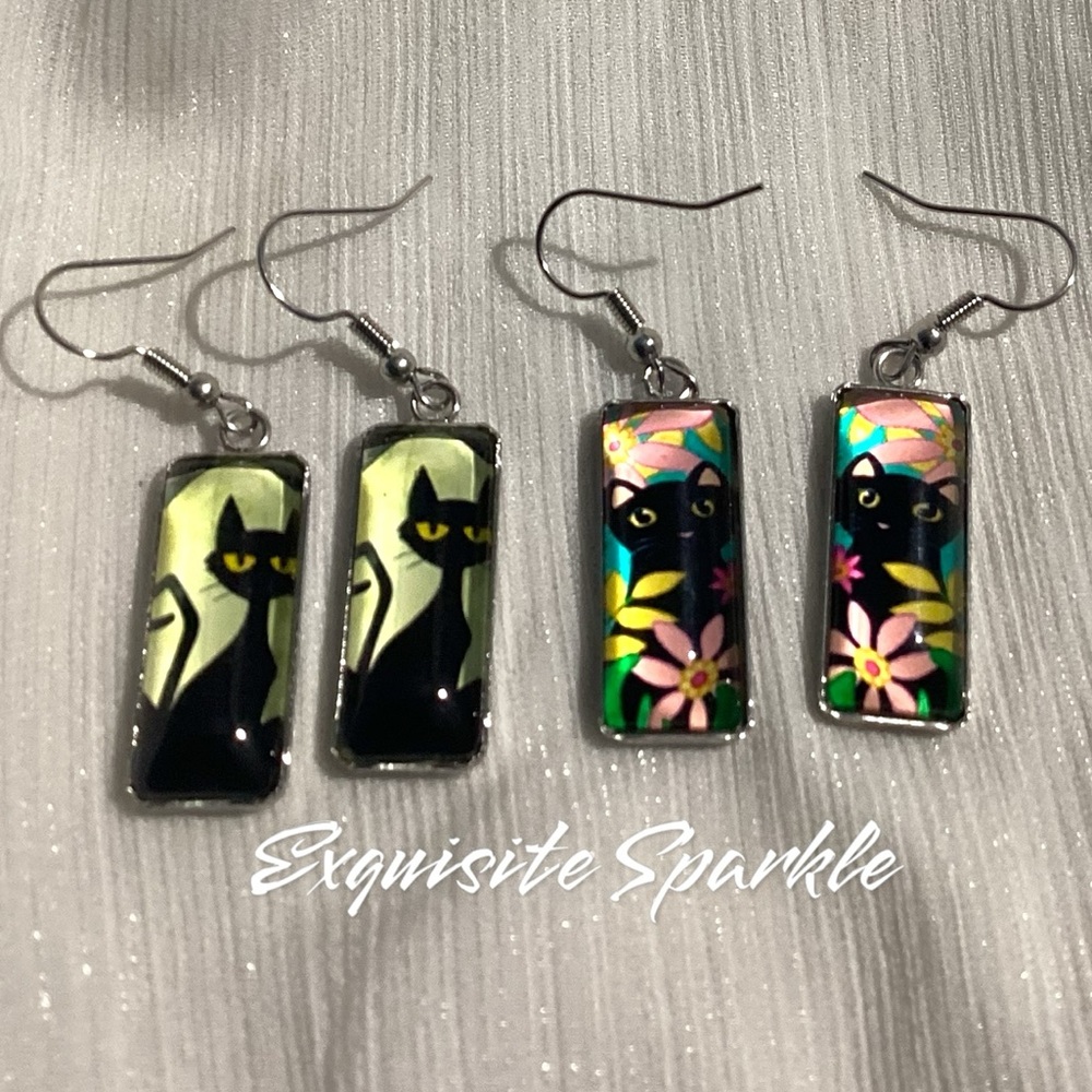 🐈‍⬛ 2 Pairs of Black Cat Portrait Enamel Hook Drop  Earrings